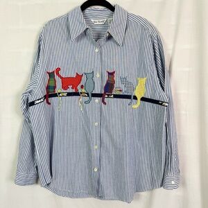 Two Twenty Multicolor Cat Embroidered Blue Pin Striped Button Up Shirt XL